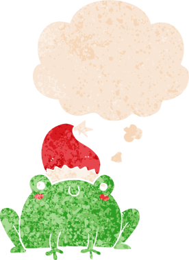Hoş bir çizgi film Noel kurbağası. Düşünce baloncuğu ve grunge dertli retro tarzı bir insan tarafından çizilmiş.