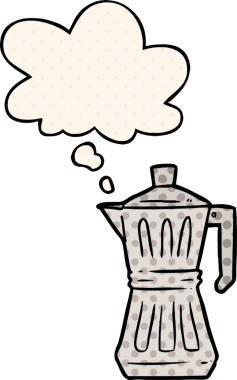 Çizgi roman tarzında bir insan tarafından çizilmiş düşünce balonu olan bir espresso makinesi.