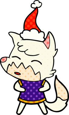 Bir insan tarafından çizilmiş Noel Baba şapkası giymiş bir tilkinin el çizimi çizgi roman çizimi.