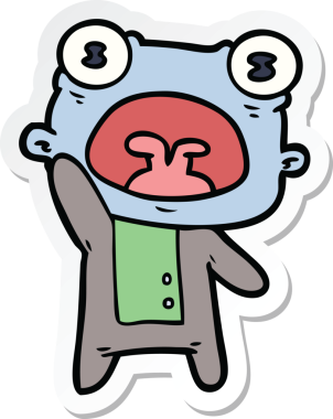 Bir insan tarafından çizilmiş garip uzaylı el sallayan bir çizgi film çıkartması.