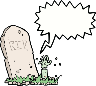 Bir insan tarafından çizilmiş konuşma baloncuğuyla mezardan yükselen bir zombi çizgi filmi.