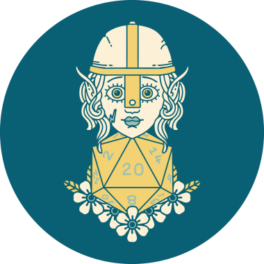 Retro Tattoo stili elf dövüşçüsü. Bir insan tarafından çizilmiş 20 zar ile.