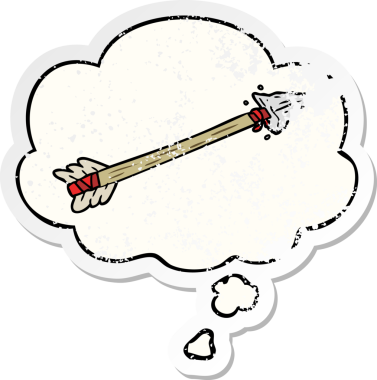 Düşünce baloncuğu olan çizgi film oku bir insan tarafından çizilmiş yıpranmış bir çıkartma gibi.