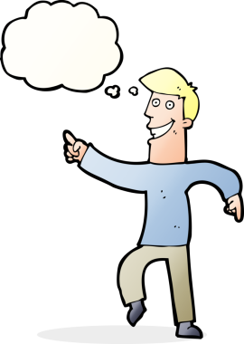 Bir insan tarafından çizilmiş düşünce baloncuğu ile sırıtan çizgi film adamı.