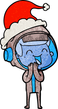 Bir insan tarafından çizilmiş Noel Baba şapkası giymiş bir astronotun çizilmiş mutlu el çizimi karikatürü