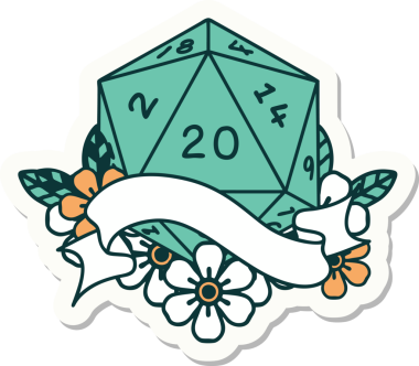 Bir insan tarafından çizilmiş 20 D20 zarının çıkartması.