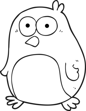 Bir insan tarafından çizilmiş siyah beyaz bir çizgi film kuşu.