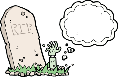 Bir insan tarafından çizilmiş düşünce baloncuğuyla mezardan yükselen bir zombi çizgi filmi.