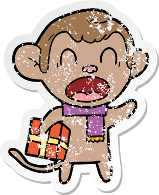 Bir insan tarafından çizilmiş Noel hediyesini taşıyan bağıran çizgi film maymunu çıkartması.