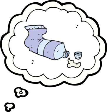 Serbest çizim düşünce balonu çizgi filmi bir insan tarafından çizilmiş sıkılmış diş macunu tüpü.