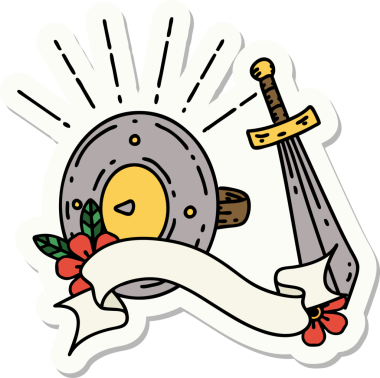 Dövme stili bir kalkanın çıkartması ve bir insan tarafından çizilmiş kılıç.