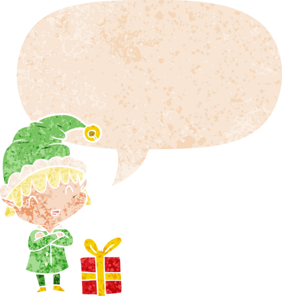 çizgi film mutlu noel elf 'i grunge dertli retro tarzı bir insan tarafından çizilmiş konuşma baloncuğu ile