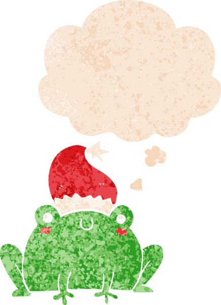 Hoş bir çizgi film Noel kurbağası. Düşünce baloncuğu ve grunge dertli retro tarzı bir insan tarafından çizilmiş.