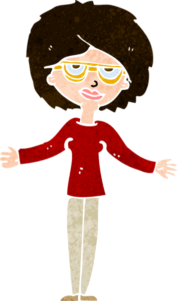 Bir insan tarafından çizilmiş gözlüklü bir karikatür kadın.