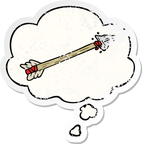 Düşünce baloncuğu olan çizgi film oku bir insan tarafından çizilmiş yıpranmış bir çıkartma gibi.