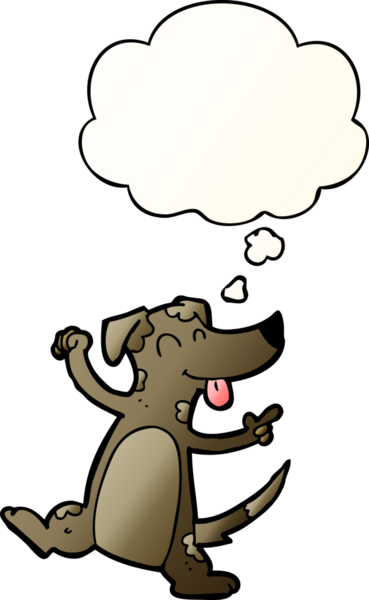 Düşünce baloncuğuyla dans eden çizgi film köpeği bir insan tarafından çizilmiş.