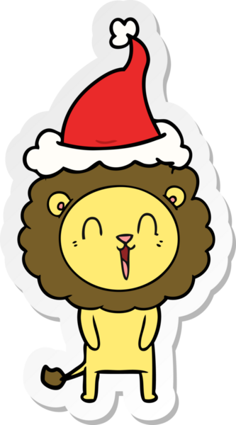 Gülen aslan eli bir insan tarafından çizilmiş Noel Baba şapkasının çıkartması.