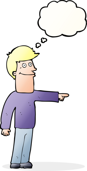 Bir insan tarafından çizilen düşünce baloncuğuyla işaret eden çizgi film adamı.