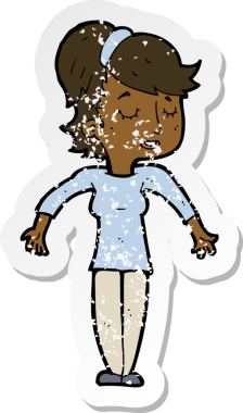 Bir insan tarafından çizilmiş omuz silken, karikatür dostu bir kadının gerilmiş çıkartması.