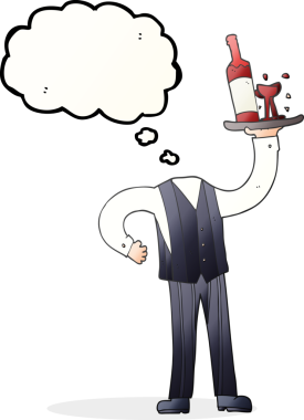 Düşünce baloncuğu karikatür başsız garson (kendi fotoğraflarını ekle) bir insan tarafından çizildi