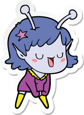 Bir insan tarafından çizilmiş mutlu uzaylı kız çizgi filminin çıkartması.