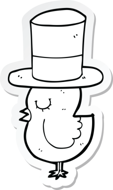 Bir insan tarafından çizilmiş silindir şapkalı çizgi film kuşunun çıkartması.