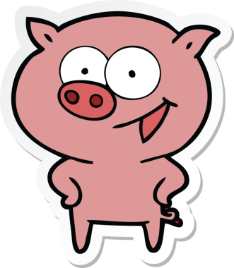 Bir insan tarafından çizilmiş neşeli bir domuz çizgi filminin çıkartması.