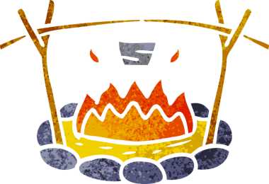 Bir insan tarafından çizilmiş bir kamp alanının el çizimi karikatürü.