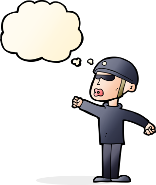 Bir insan tarafından çizilmiş düşünce balonu olan bir karikatür güvenlik elemanı.