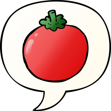 bir insan tarafından çizilmiş, konuşma baloncuklu çizgi film domatesi.