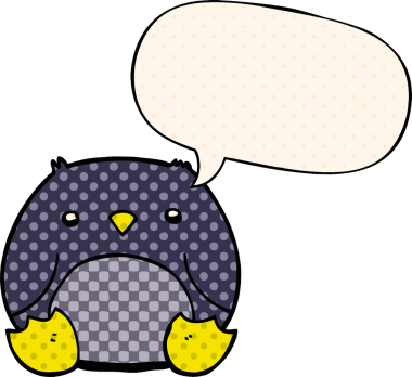 Bir insan tarafından çizilmiş çizgi roman tarzında konuşma balonu olan penguen çizgi filmi.