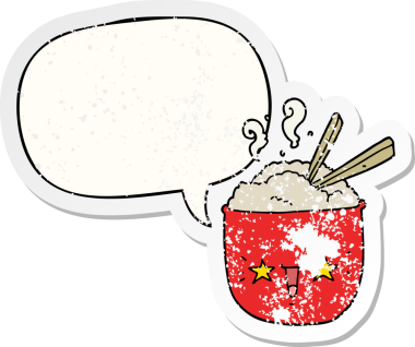 Yüzü konuşma baloncuğu olan karikatür pirinç kasesi bir insan tarafından çizilmiş sıkıntılı eski bir çıkartma