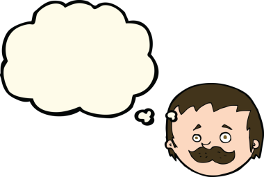 Bir insan tarafından çizilmiş düşünce baloncuklu bıyıklı çizgi film adamı.