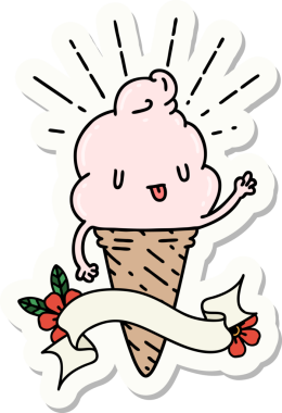 Bir insan tarafından çizilmiş dövme stili dondurma karakterinin çıkartması.