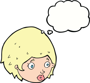 Bir insan tarafından çizilmiş düşünce baloncuğuyla ilgili endişeli bir ifadesi olan çizgi film kızı.