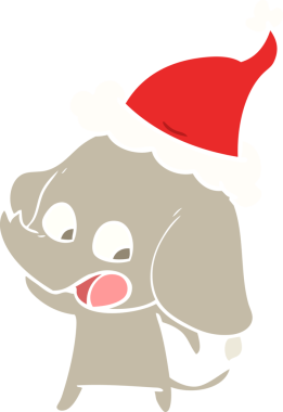 Bir insan tarafından çizilmiş Noel Baba şapkası takan bir filin düz renkli çizimi.