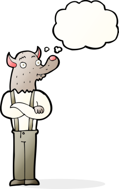 Bir insan tarafından çizilmiş düşünce baloncuğu olan karikatür dostu kurt adam.