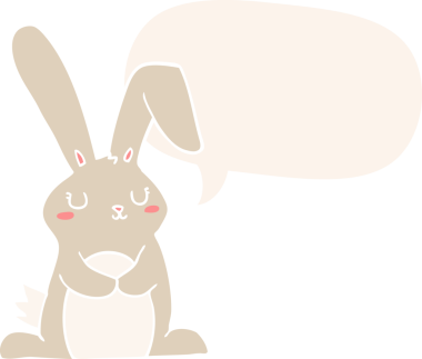 Konuşma baloncuklu çizgi film tavşanı insan tarafından çizilmiş.