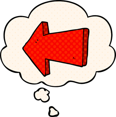 Bir insan tarafından çizilmiş çizgi roman tarzında düşünce baloncuklu ok gösteren çizgi film.