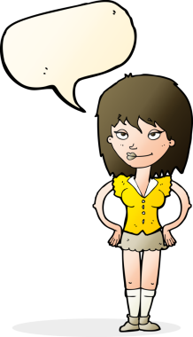 Bir insan tarafından çizilmiş konuşma balonlu elleri olan çizgi film kadını.