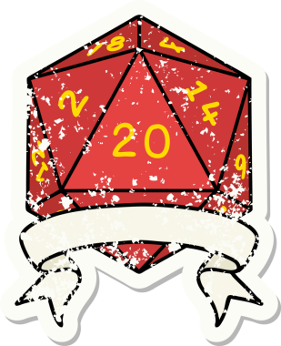 Bir insan tarafından çekilen 20 kritik vuruşluk D20 zar atımının grunge çıkartması.