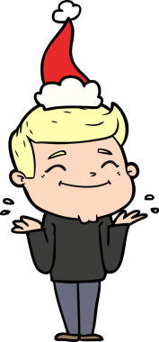 Bir insan tarafından çizilmiş Noel Baba şapkasıyla omuz silken bir adamın çizdiği mutlu el çizgisi.