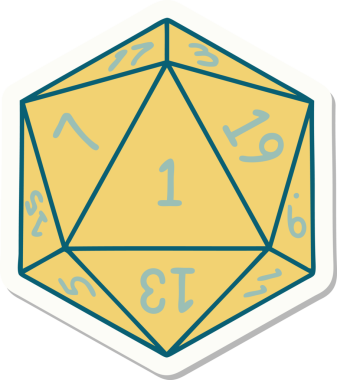 Bir insan tarafından çizilmiş doğal 1 D20 zar etiketi.