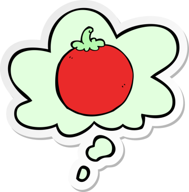 Düşünce baloncuklu çizgi film domatesi insan tarafından çizilmiş bir çıkartma.