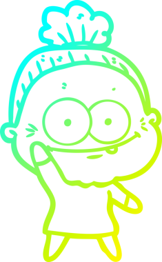 Bir insan tarafından çizilmiş, mutlu, yaşlı bir kadının çizimi.