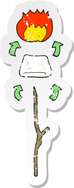 Bir insan tarafından çizilmiş kızarmış marshmallow 'un retro sıkıntılı çıkartması.