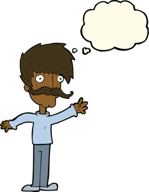 Bir insan tarafından çizilmiş düşünce balonlu bıyıklı bir çizgi film adamı.