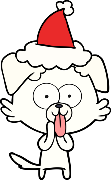 Bir insan tarafından çizilmiş Noel Baba şapkası giymiş, dili dışarı çıkmış bir köpeğin çizimi.