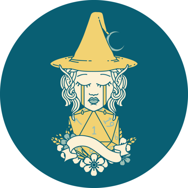 Retro Dövme Tarzı Ağlayan Elf Büyücüsü karakteri yüzü ve bir insan tarafından çizilmiş D20 rulosu