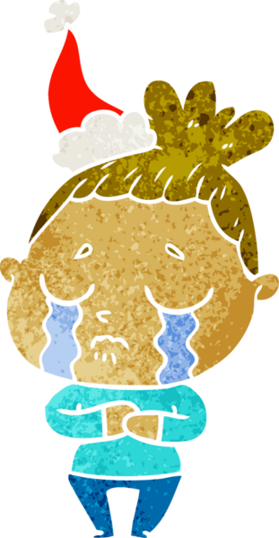 Bir insan tarafından çizilmiş Noel Baba şapkası takan ağlayan bir kadının el çizimi karikatürü.